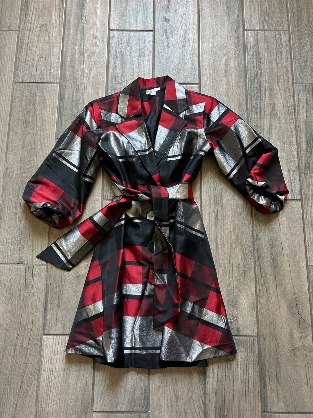 Puli Metallic Silver, Red and Black Plaid Wrap Dress with Belt